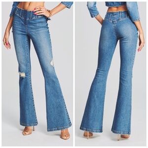 Retrofete Estela Bailey Flare Distressed Jeans Corset Style Hook Mid Rise SMALL